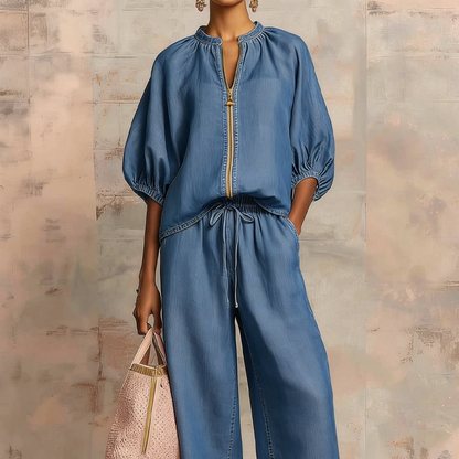 Women's Linen Two Piece Set Puff Sleeve Top and Wide Leg Pants Casual Loose Fit Outfit