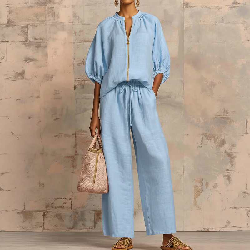 Women's Linen Two Piece Set Puff Sleeve Top and Wide Leg Pants Casual Loose Fit Outfit - Seldom Seen Styles