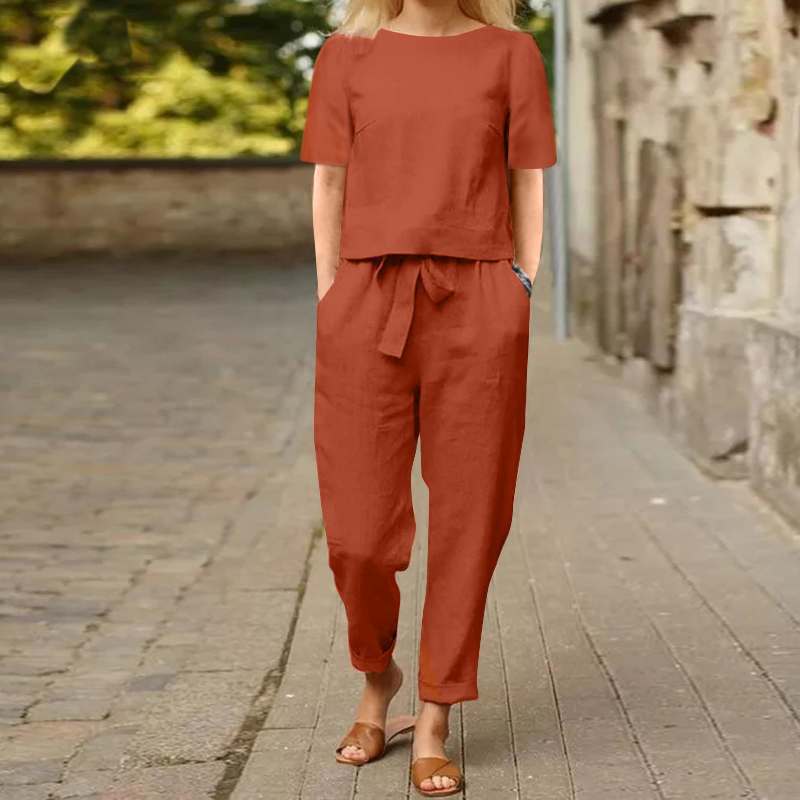 Women's Linen Two Piece Set Short Sleeve Top and Drawstring Pants Casual Matching Set Summer Outfit - Seldom Seen Styles