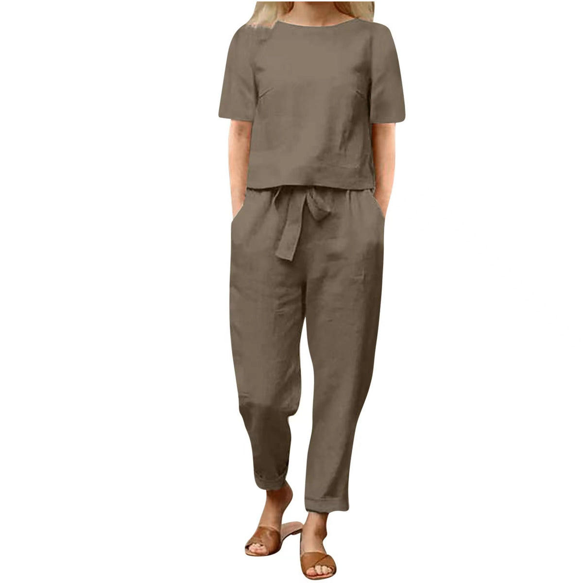 Women's Linen Two Piece Set Short Sleeve Top and Drawstring Pants Casual Matching Set Summer Outfit - Seldom Seen Styles