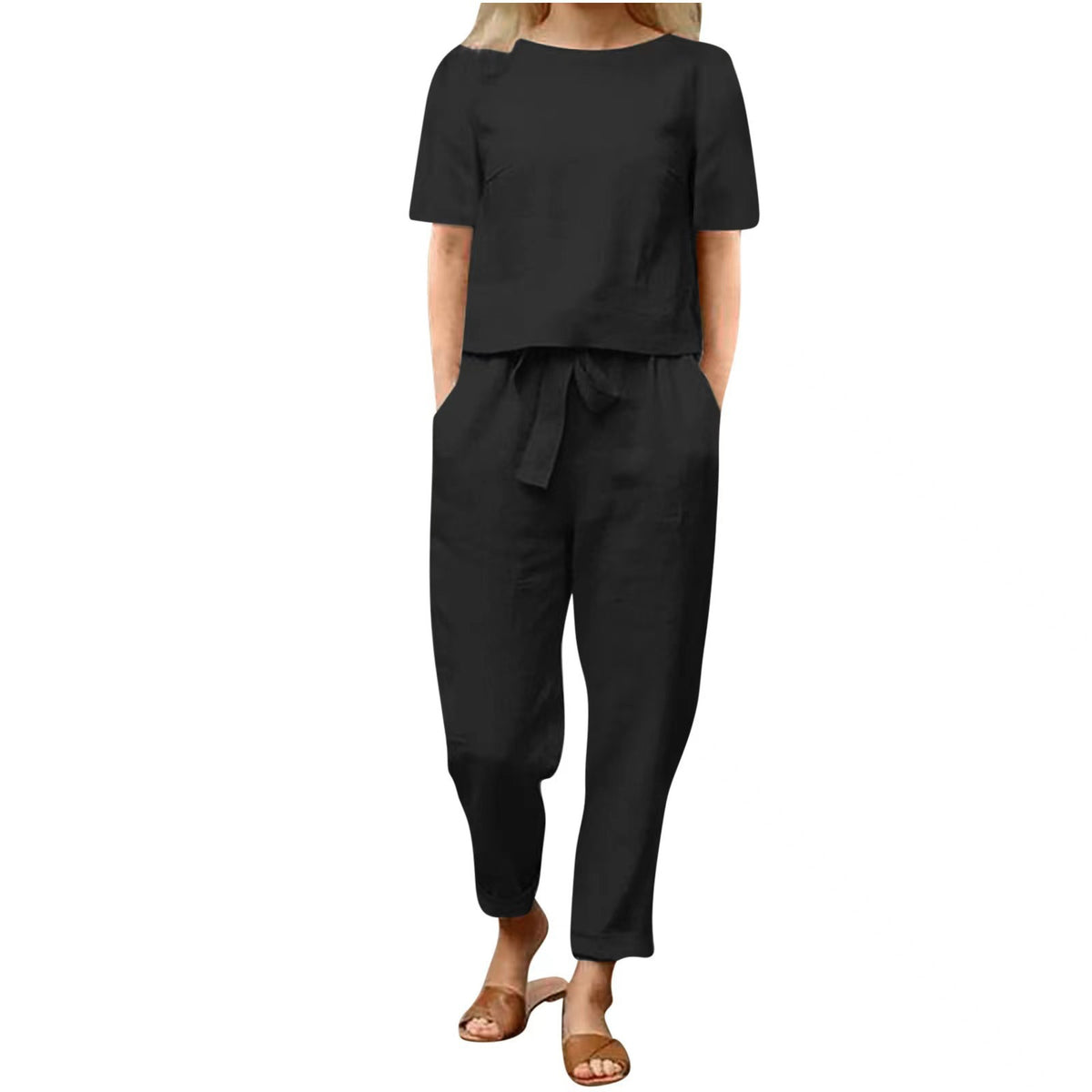 Women's Linen Two Piece Set Short Sleeve Top and Drawstring Pants Casual Matching Set Summer Outfit - Seldom Seen Styles