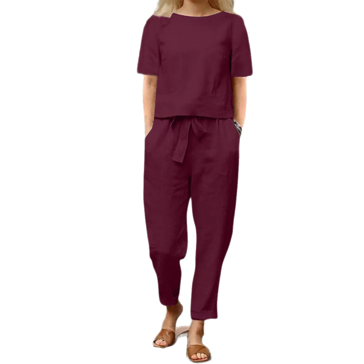 Women's Linen Two Piece Set Short Sleeve Top and Drawstring Pants Casual Matching Set Summer Outfit - Seldom Seen Styles