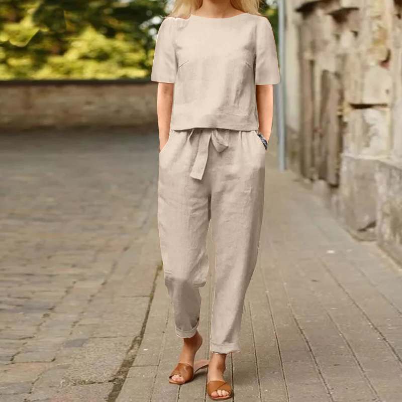 Women's Linen Two Piece Set Short Sleeve Top and Drawstring Pants Casual Matching Set Summer Outfit - Seldom Seen Styles