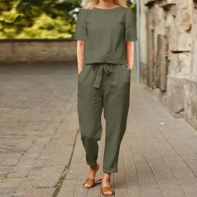 Women's Linen Two Piece Set Short Sleeve Top and Drawstring Pants Casual Matching Set Summer Outfit - Seldom Seen Styles