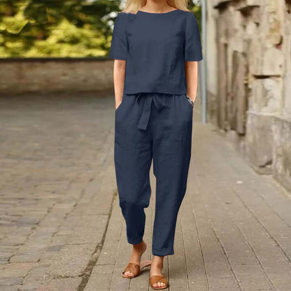 Women's Linen Two Piece Set Short Sleeve Top and Drawstring Pants Casual Matching Set Summer Outfit
