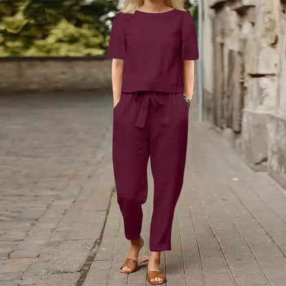 Women's Linen Two Piece Set Short Sleeve Top and Drawstring Pants Casual Matching Set Summer Outfit