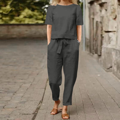Women's Linen Two Piece Set Short Sleeve Top and Drawstring Pants Casual Matching Set Summer Outfit