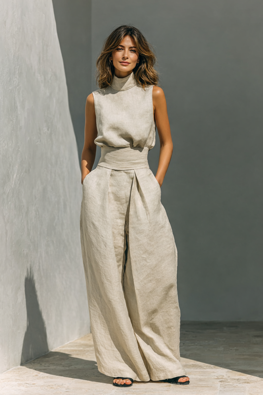Women's Linen Two Piece Set Sleeveless Top and Wide Leg Pants Casual Summer Outfit - Seldom Seen Styles