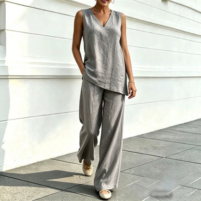 Women's Linen Two Piece Set Sleeveless V Neck Tunic Top and Wide Leg Pants Casual Summer Matching Outfit