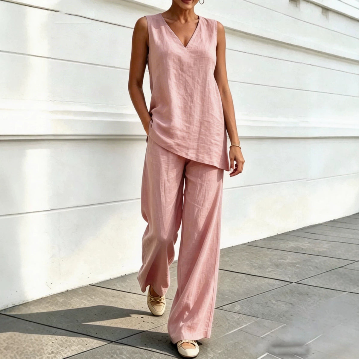 Women's Linen Two Piece Set Sleeveless V Neck Tunic Top and Wide Leg Pants Casual Summer Matching Outfit - Seldom Seen Styles