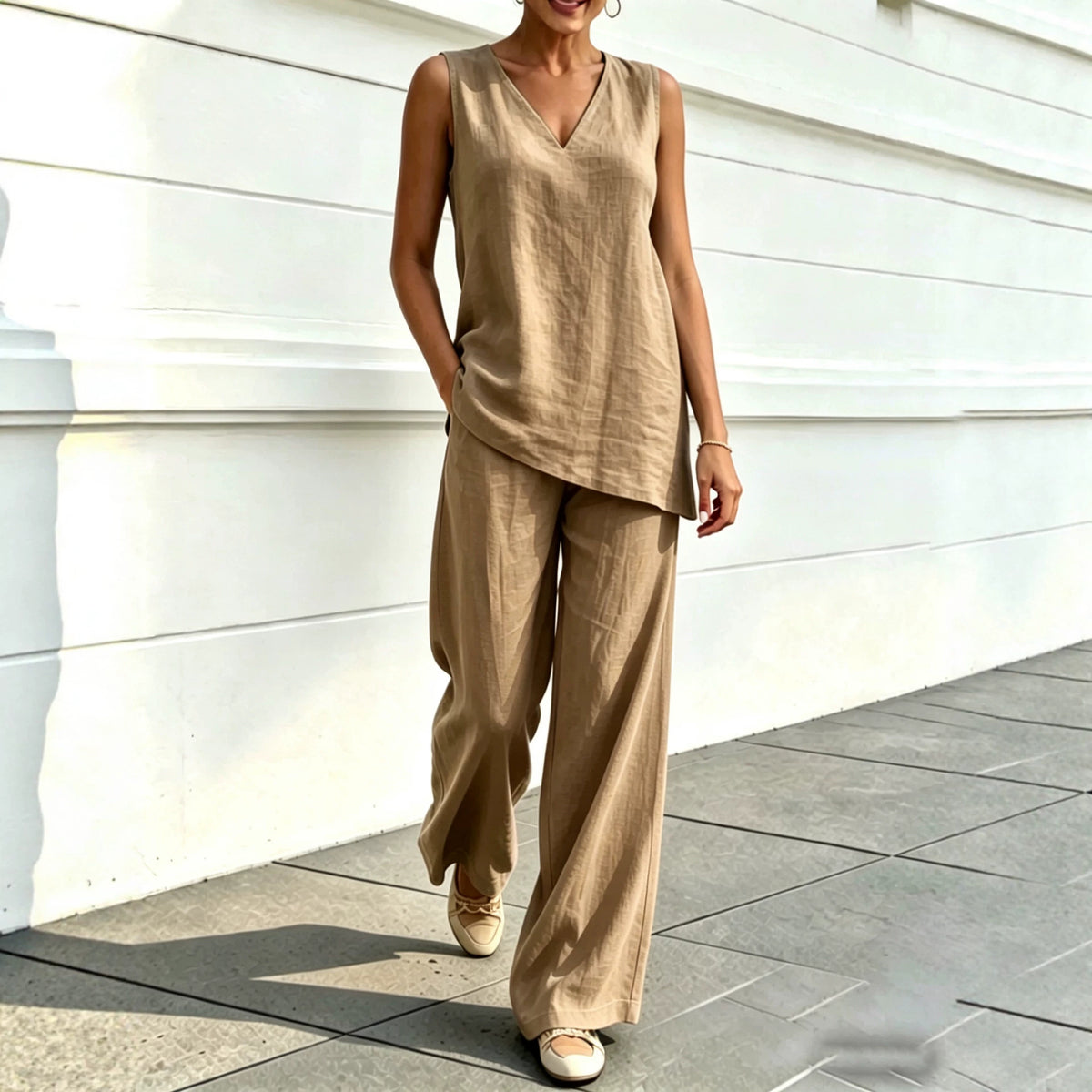 Women's Linen Two Piece Set Sleeveless V Neck Tunic Top and Wide Leg Pants Casual Summer Matching Outfit - Seldom Seen Styles