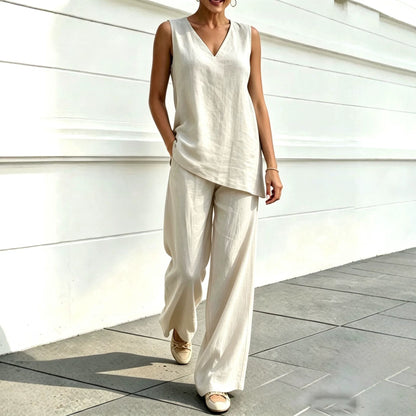 Women's Linen Two Piece Set Sleeveless V Neck Tunic Top and Wide Leg Pants Casual Summer Matching Outfit
