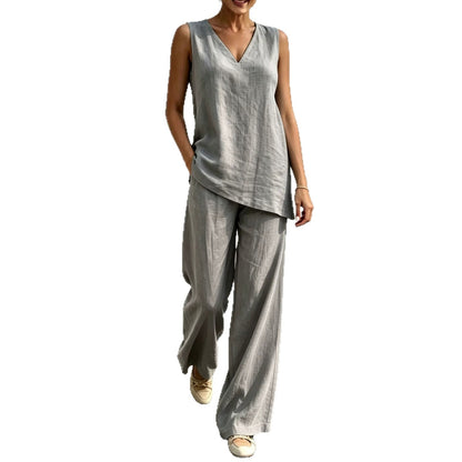 Women's Linen Two Piece Set Sleeveless V Neck Tunic Top and Wide Leg Pants Casual Summer Matching Outfit