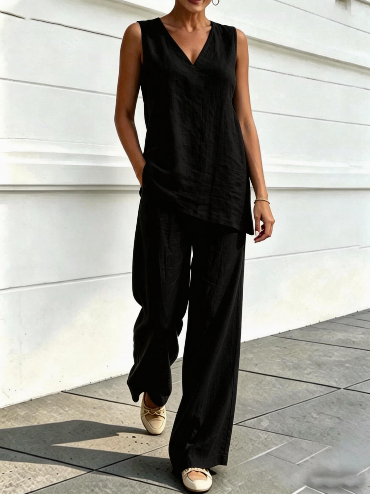 Women's Linen Two Piece Set Sleeveless V Neck Tunic Top and Wide Leg Pants Casual Summer Matching Outfit - Seldom Seen Styles