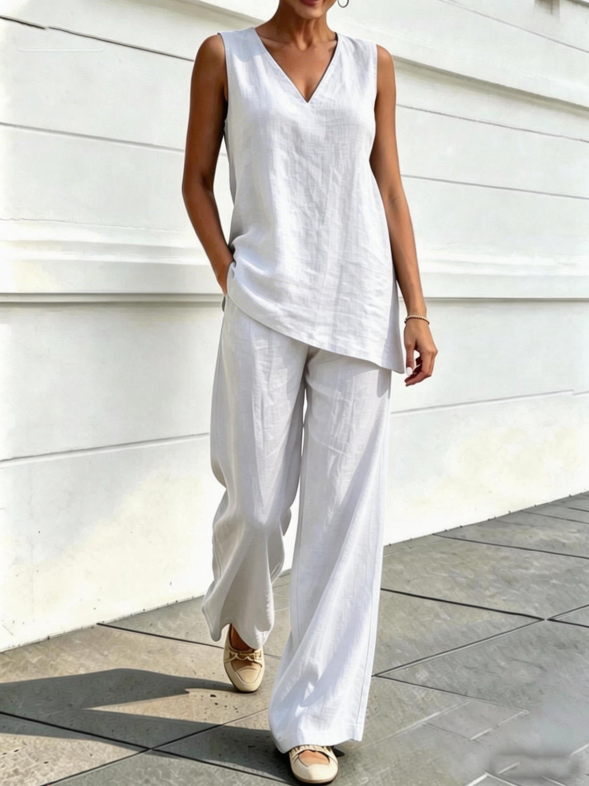 Women's Linen Two Piece Set Sleeveless V Neck Tunic Top and Wide Leg Pants Casual Summer Matching Outfit - Seldom Seen Styles