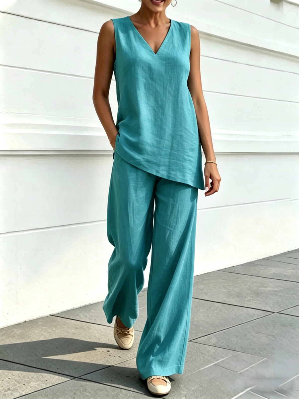 Women's Linen Two Piece Set Sleeveless V Neck Tunic Top and Wide Leg Pants Casual Summer Matching Outfit - Seldom Seen Styles