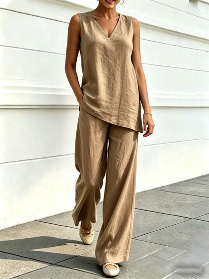 Women's Linen Two Piece Set Sleeveless V Neck Tunic Top and Wide Leg Pants Casual Summer Matching Outfit