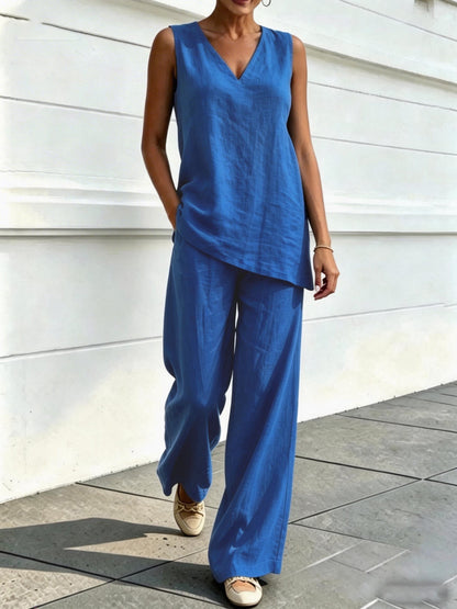 Women's Linen Two Piece Set Sleeveless V Neck Tunic Top and Wide Leg Pants Casual Summer Matching Outfit