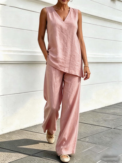 Women's Linen Two Piece Set Sleeveless V Neck Tunic Top and Wide Leg Pants Casual Summer Matching Outfit
