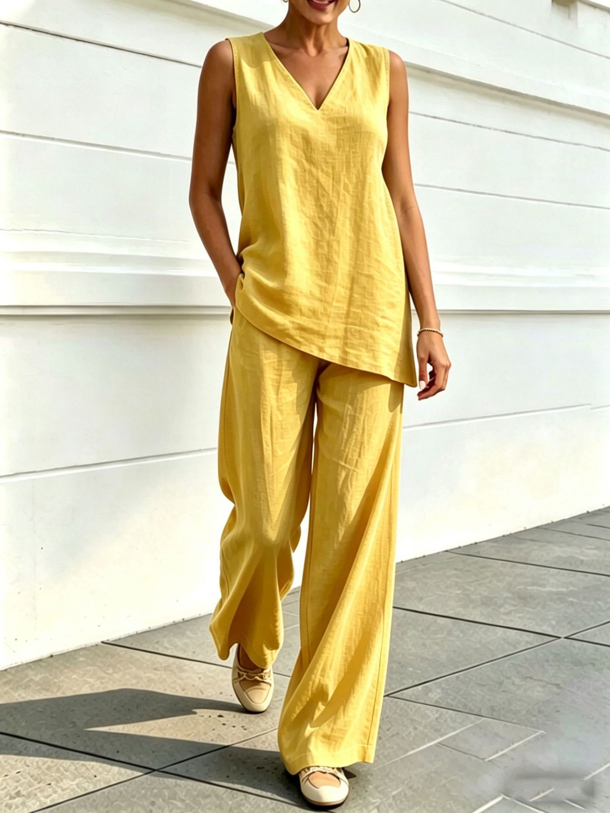 Women's Linen Two Piece Set Sleeveless V Neck Tunic Top and Wide Leg Pants Casual Summer Matching Outfit - Seldom Seen Styles