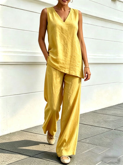 Women's Linen Two Piece Set Sleeveless V Neck Tunic Top and Wide Leg Pants Casual Summer Matching Outfit
