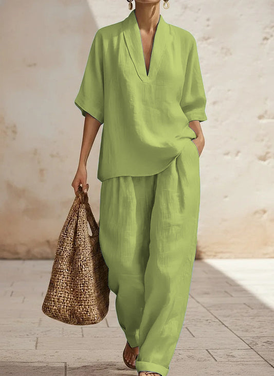 Women's Linen Two Piece Set V Neck Top and Wide Leg Pants Casual Loose Fit Summer Outfit - Seldom Seen Styles