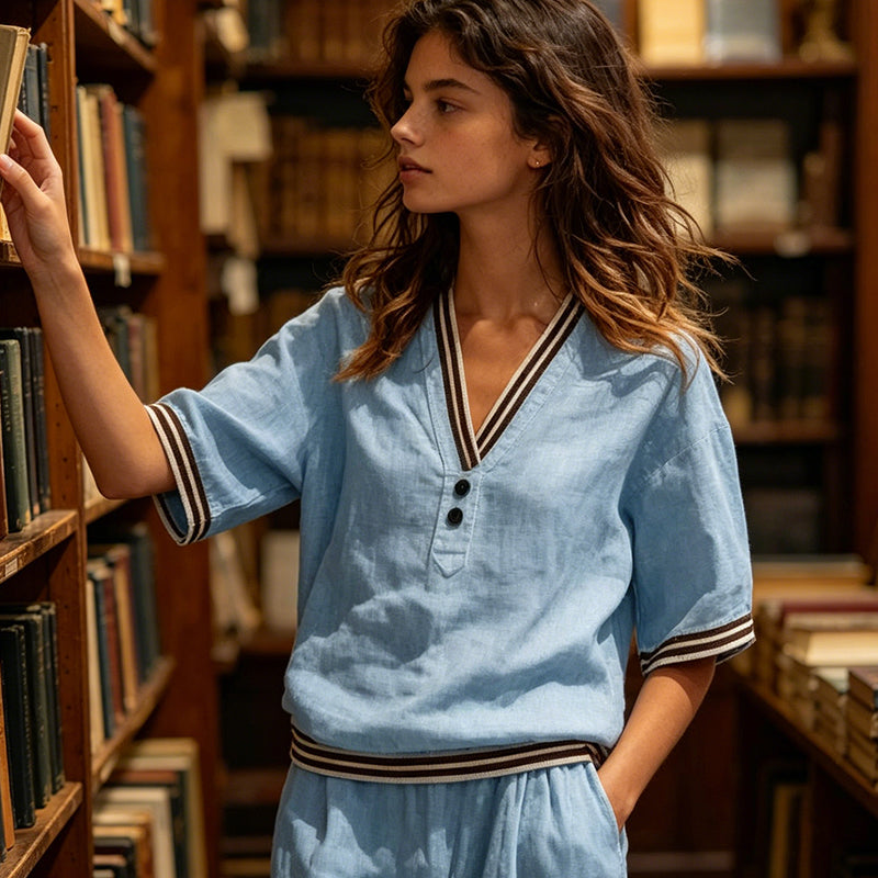Women's Linen V-Neck Two Piece Set Striped Trim Loose Top Elastic Waist Pants Casual Summer Beach Vacation Outfit - Seldom Seen Styles