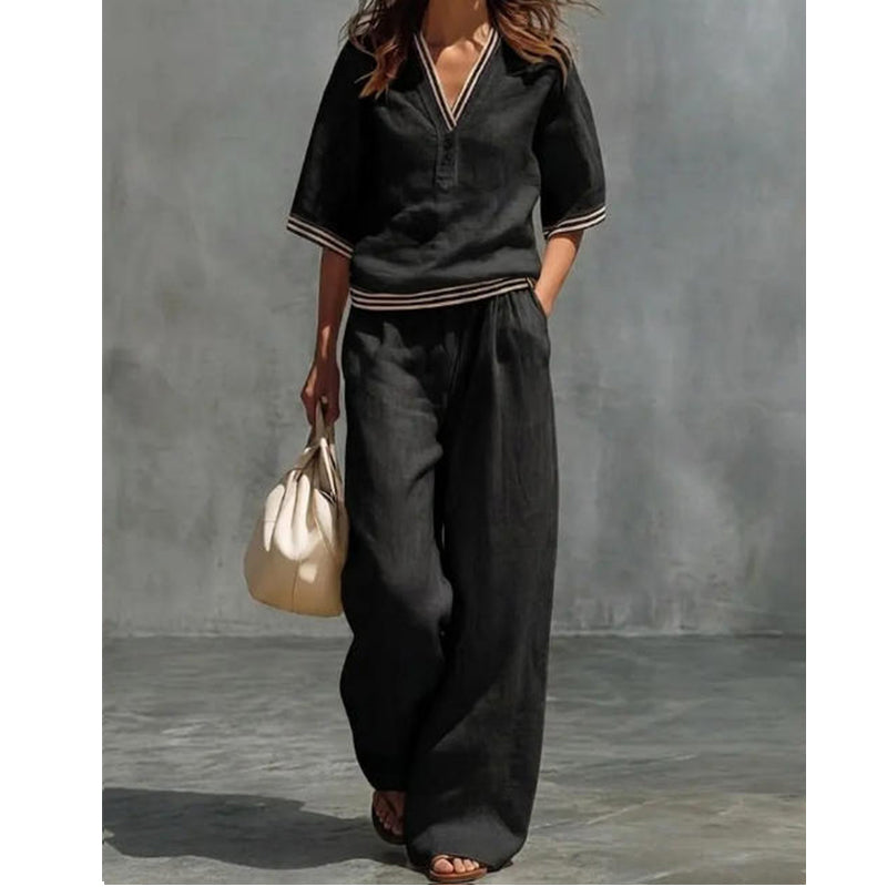 Women's Linen V-Neck Two Piece Set Striped Trim Loose Top Elastic Waist Pants Casual Summer Beach Vacation Outfit - Seldom Seen Styles