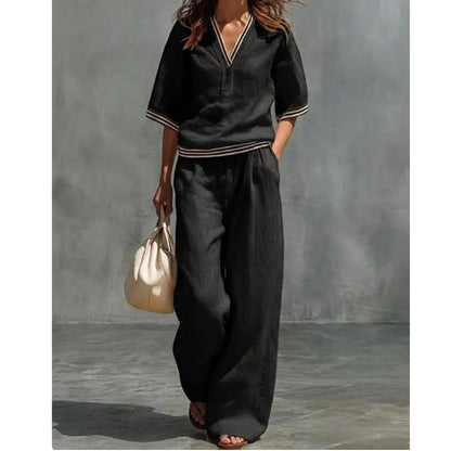 Women's Linen V-Neck Two Piece Set Striped Trim Loose Top Elastic Waist Pants Casual Summer Beach Vacation Outfit