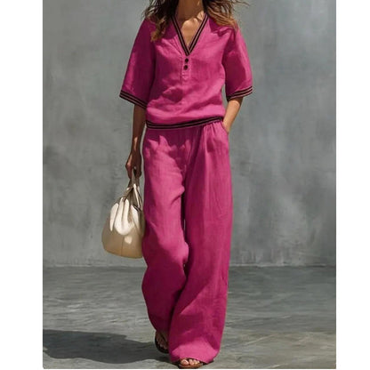 Women's Linen V-Neck Two Piece Set Striped Trim Loose Top Elastic Waist Pants Casual Summer Beach Vacation Outfit