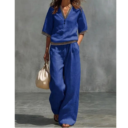 Women's Linen V-Neck Two Piece Set Striped Trim Loose Top Elastic Waist Pants Casual Summer Beach Vacation Outfit