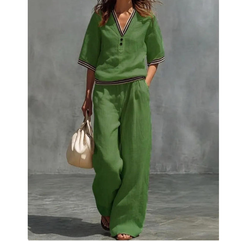 Women's Linen V-Neck Two Piece Set Striped Trim Loose Top Elastic Waist Pants Casual Summer Beach Vacation Outfit - Seldom Seen Styles
