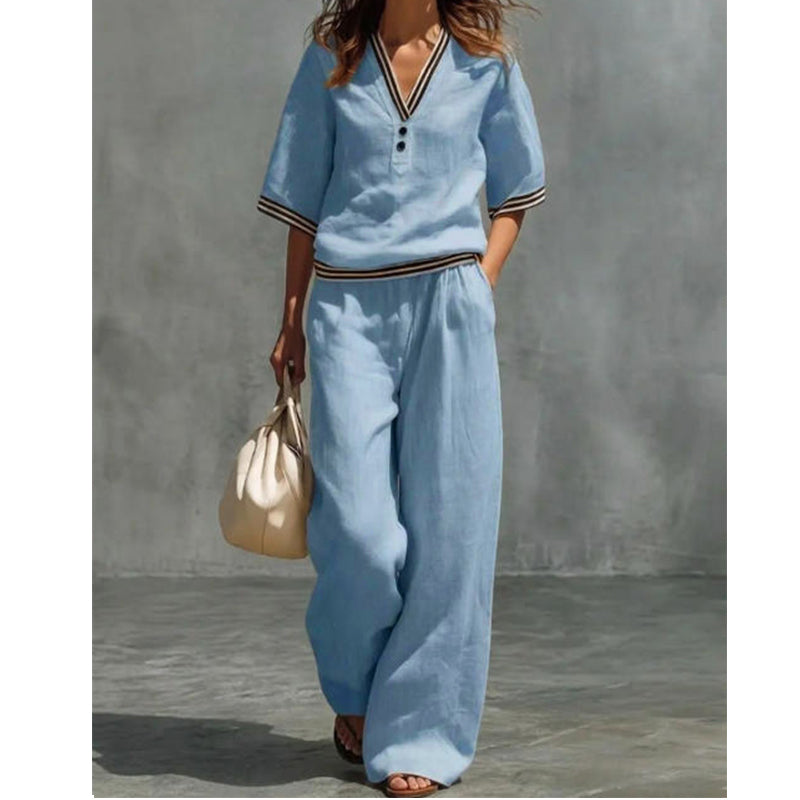 Women's Linen V-Neck Two Piece Set Striped Trim Loose Top Elastic Waist Pants Casual Summer Beach Vacation Outfit - Seldom Seen Styles