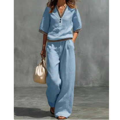 Women's Linen V-Neck Two Piece Set Striped Trim Loose Top Elastic Waist Pants Casual Summer Beach Vacation Outfit
