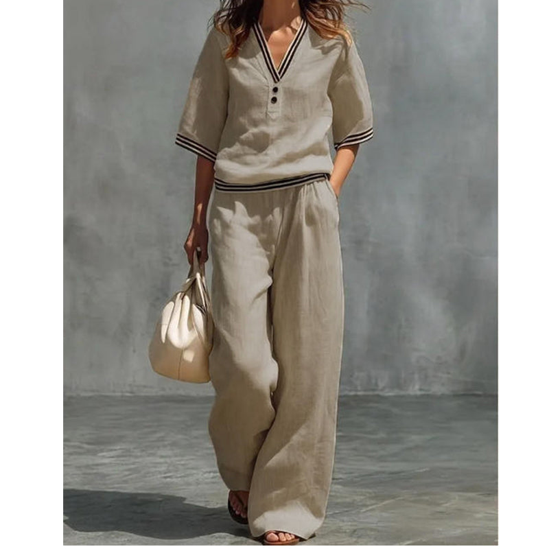 Women's Linen V-Neck Two Piece Set Striped Trim Loose Top Elastic Waist Pants Casual Summer Beach Vacation Outfit - Seldom Seen Styles