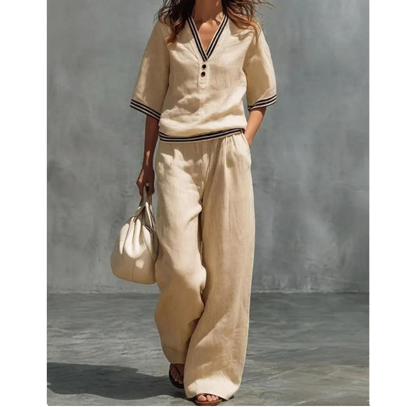 Women's Linen V-Neck Two Piece Set Striped Trim Loose Top Elastic Waist Pants Casual Summer Beach Vacation Outfit - Seldom Seen Styles