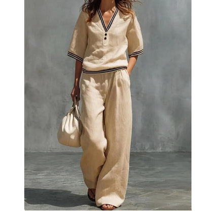 Women's Linen V-Neck Two Piece Set Striped Trim Loose Top Elastic Waist Pants Casual Summer Beach Vacation Outfit
