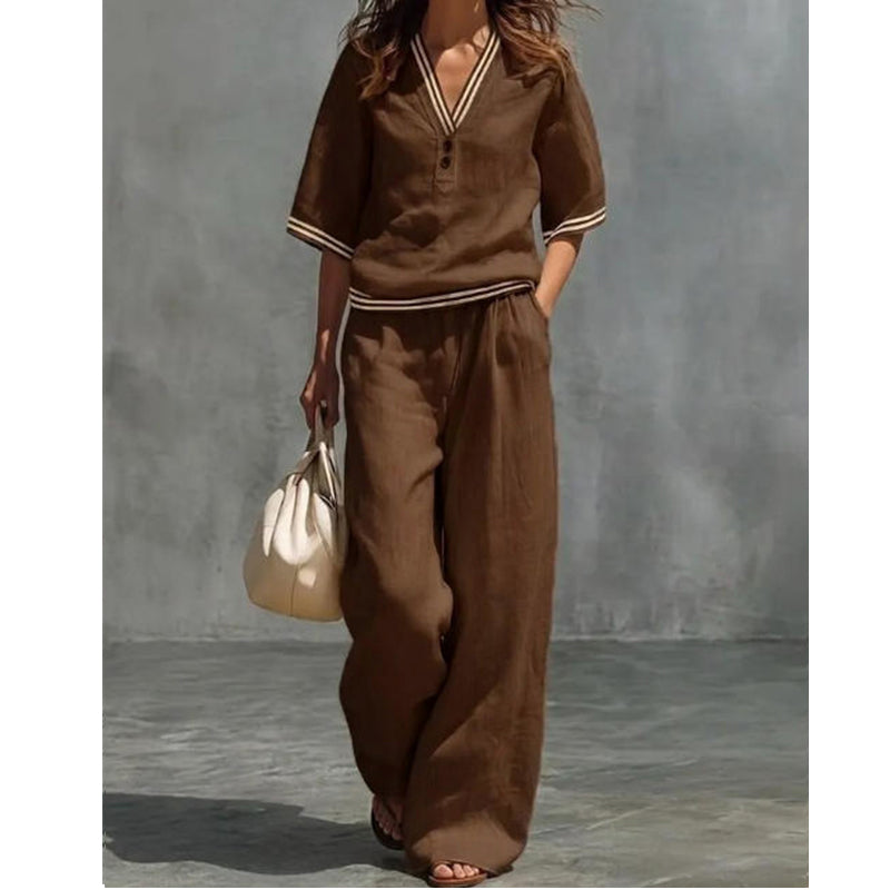 Women's Linen V-Neck Two Piece Set Striped Trim Loose Top Elastic Waist Pants Casual Summer Beach Vacation Outfit - Seldom Seen Styles