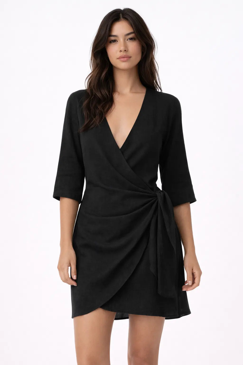 Women's Linen Wrap Mini Dress - Three-Quarter Sleeve V-Neck Side Tie - Seldom Seen Styles