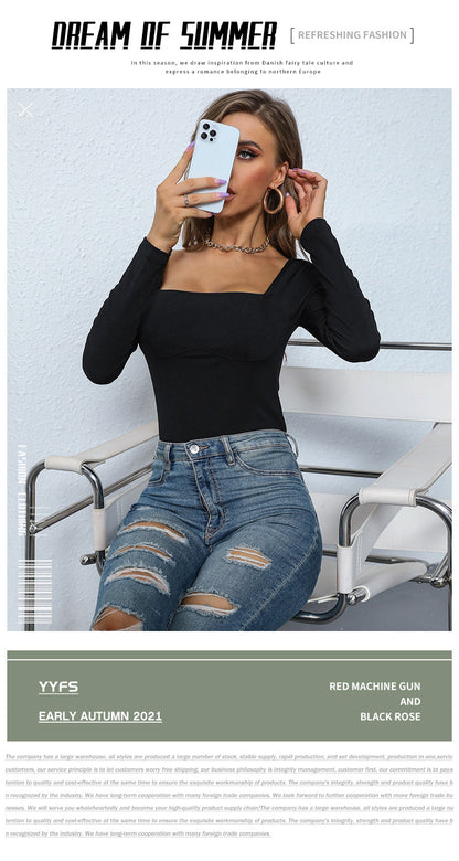 Women's Long Sleeve Bodysuit Shapewear Top Square Neck Bodysuit Halloween One Piece Basic Backless - Seldom Seen Styles