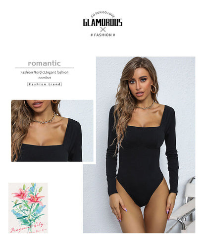 Women's Long Sleeve Bodysuit Shapewear Top Square Neck Bodysuit Halloween One Piece Basic Backless - Seldom Seen Styles