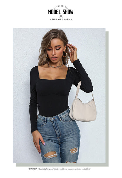 Women's Long Sleeve Bodysuit Shapewear Top Square Neck Bodysuit Halloween One Piece Basic Backless - Seldom Seen Styles