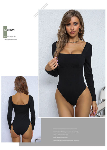 Women's Long Sleeve Bodysuit Shapewear Top Square Neck Bodysuit Halloween One Piece Basic Backless - Seldom Seen Styles