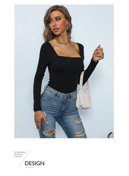 Women's Long Sleeve Bodysuit Shapewear Top Square Neck Bodysuit Halloween One Piece Basic Backless - Seldom Seen Styles