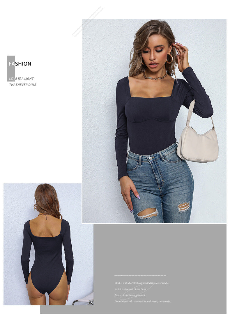 Women's Long Sleeve Bodysuit Shapewear Top Square Neck Bodysuit Halloween One Piece Basic Backless - Seldom Seen Styles