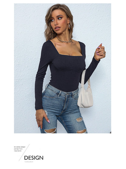 Women's Long Sleeve Bodysuit Shapewear Top Square Neck Bodysuit Halloween One Piece Basic Backless - Seldom Seen Styles