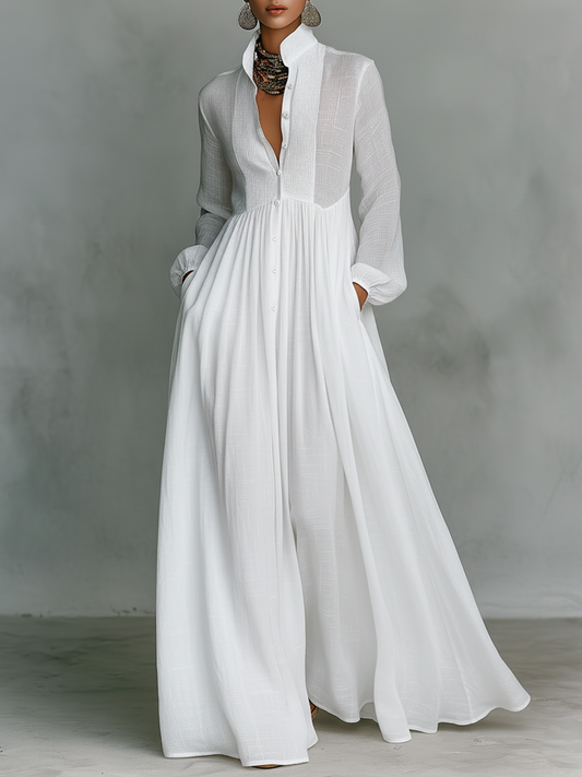 Women's Long Sleeve Cotton Linen Maxi Dress - Slimming Loose Fit Patchwork Design - Seldom Seen Styles