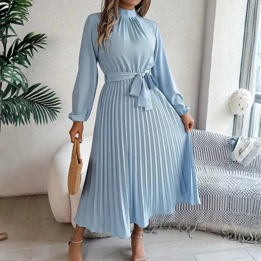 Women's Long Sleeve Pleated Belted Midi Dress Flowy High Neck Elegant Wedding Guest Summer Dress - Seldom Seen Styles