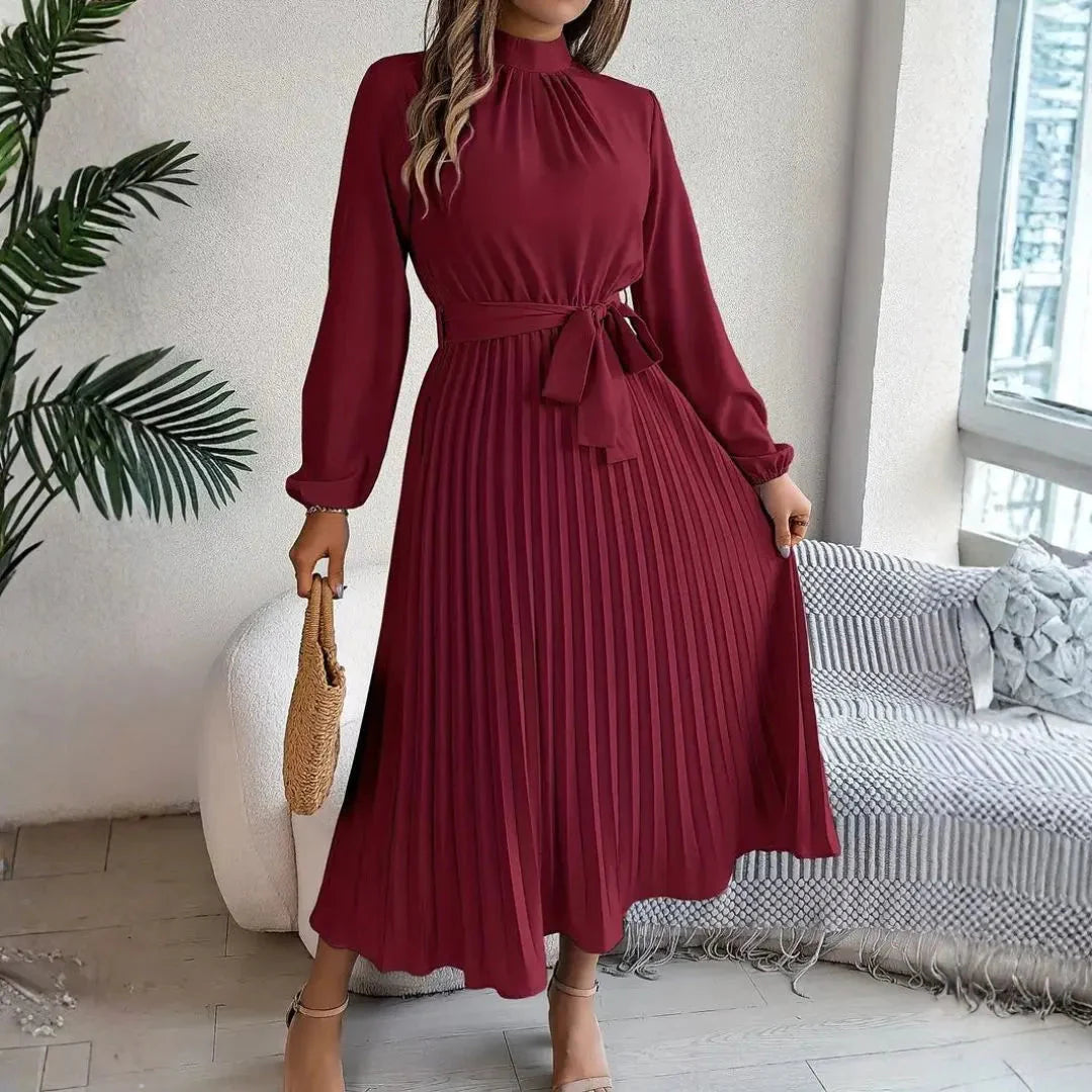 Women's Long Sleeve Pleated Belted Midi Dress Flowy High Neck Elegant Wedding Guest Summer Dress - Seldom Seen Styles