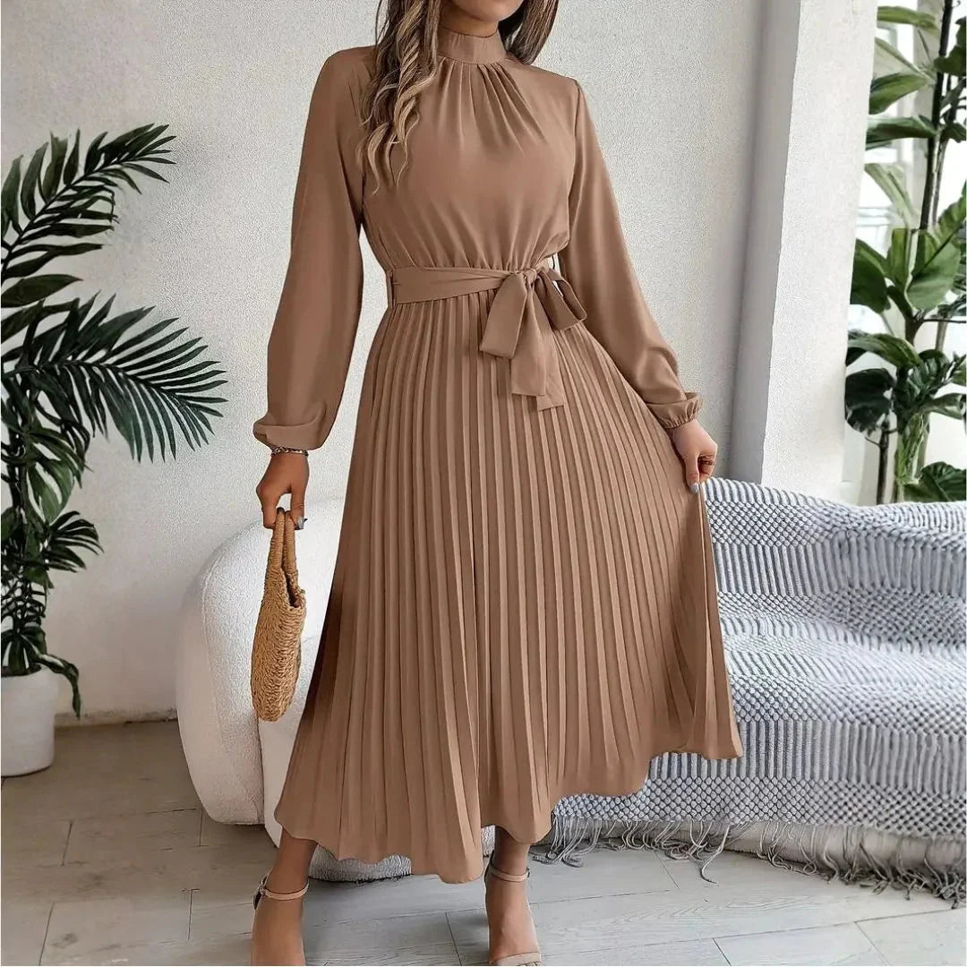 Women's Long Sleeve Pleated Belted Midi Dress Flowy High Neck Elegant Wedding Guest Summer Dress - Seldom Seen Styles